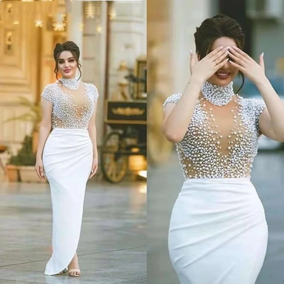 Luxury Beading Pearls Evening Dresses Mermaid Formal Party Vestidos 2020 High Neck Robe De Soiree Satin Prom Gowns Long Dress | Свадьбы и