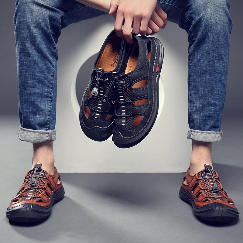 

Men's Sandals Leather Shoes 2021 New Casual Hole Leather Elastic Band Beach Slippers Breathable Hollow Non-slip Wear-resistant