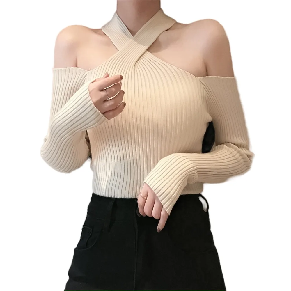 Женский трикотажный свитер с открытыми плечами длинным рукавом - купить по