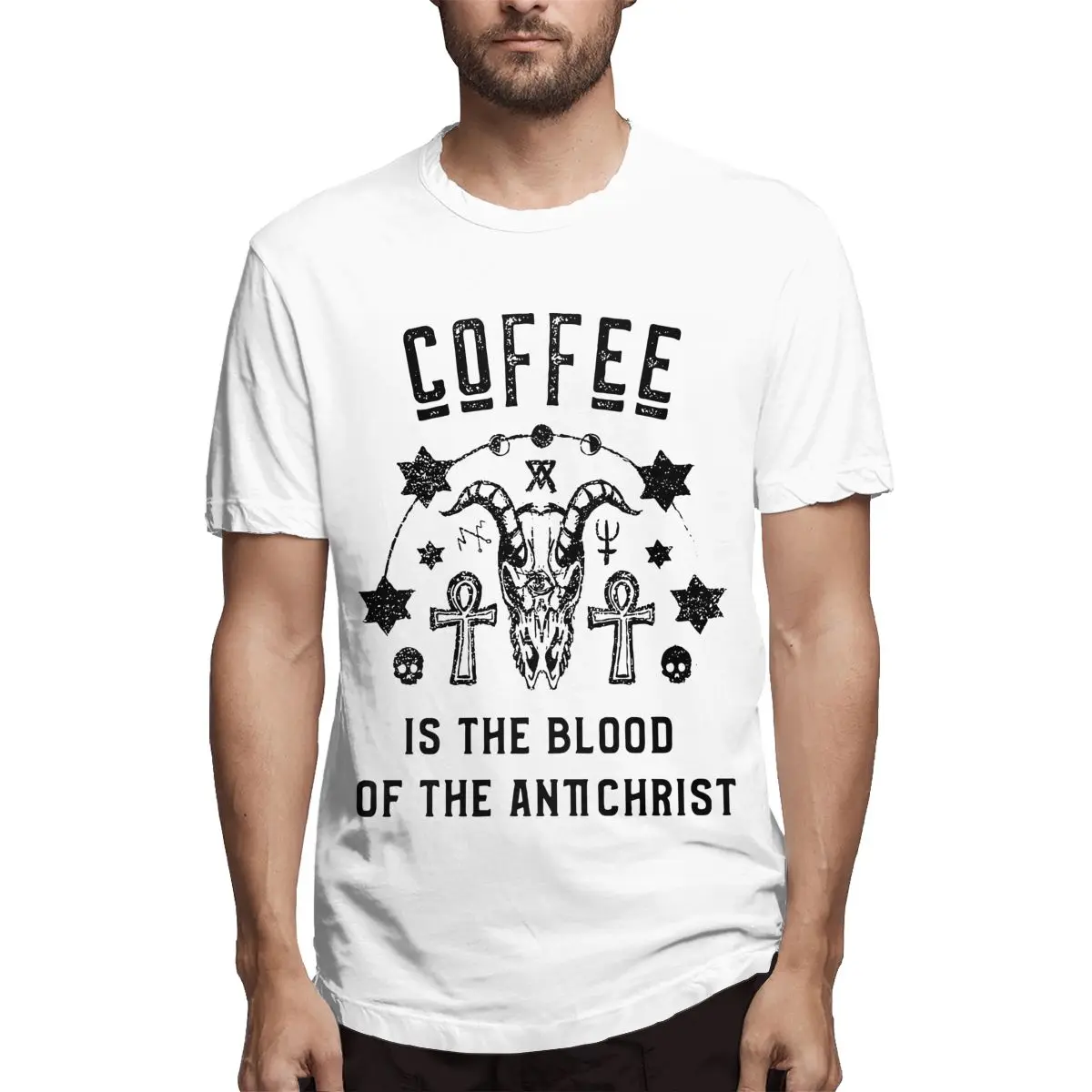 

Coffee Is The Blood Of The Antichrist Occult Men's T Shirt Awesome Tees Short Sleeve Crew Neck 100% Cotton Gift Idea Clothes