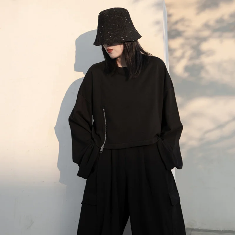 

[EAM] Loose Fit Drawstring Cuff Sweatshirt New Round Neck Long Sleeve Women Big Size Fashion Tide Spring Autumn 2021 1DD1379