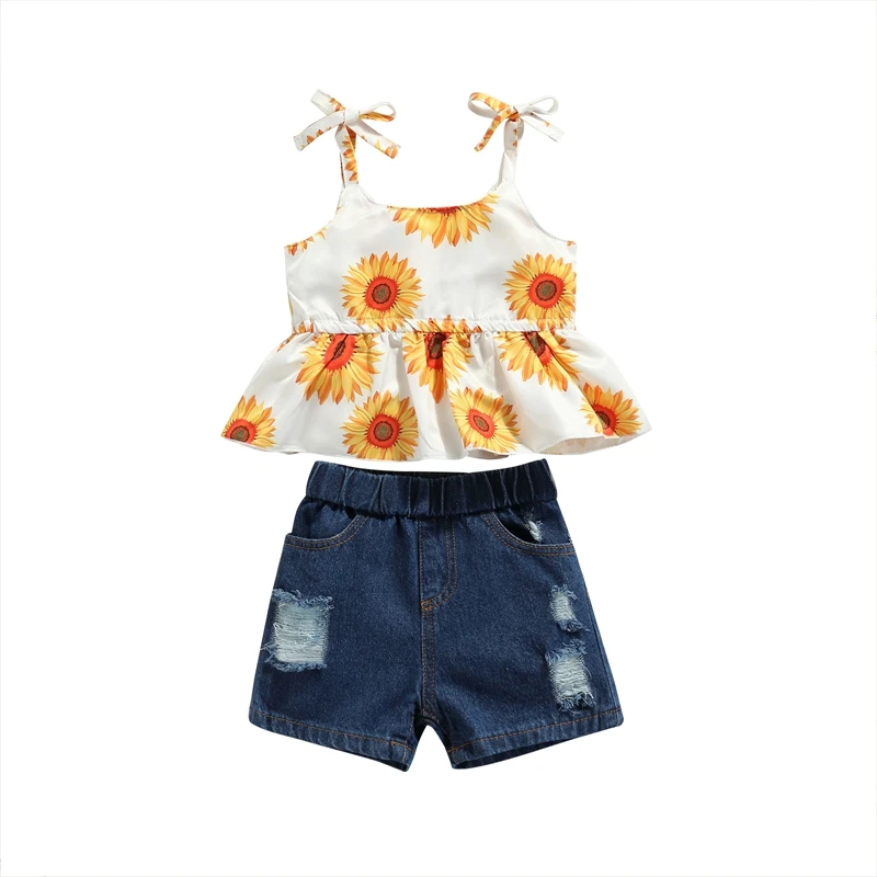 

2Pcs Sweet Style Little Girls Outfit Summer Floral Printing/Leopard Print Sleeveless Suspender Tops + Ripped Denim Shorts