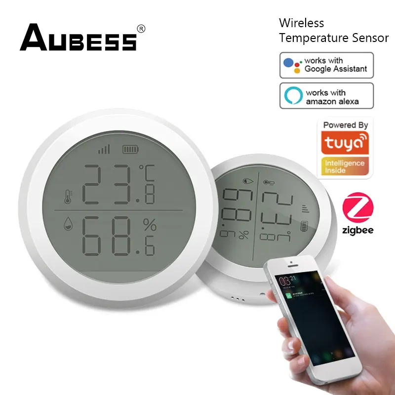 

Датчик температуры и влажности Aubess Tuya ZigBee для умного дома, беспроводной ЖК-экран, дистанционное управление, работает с Alexa Google Home Assistant
