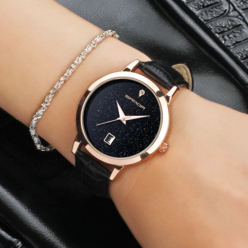 

2019 SANDA Fashion Star Dial Women Watches Luxury Golden Leather Ladies Watch Women Dress Clock Calendar relogio feminino P194