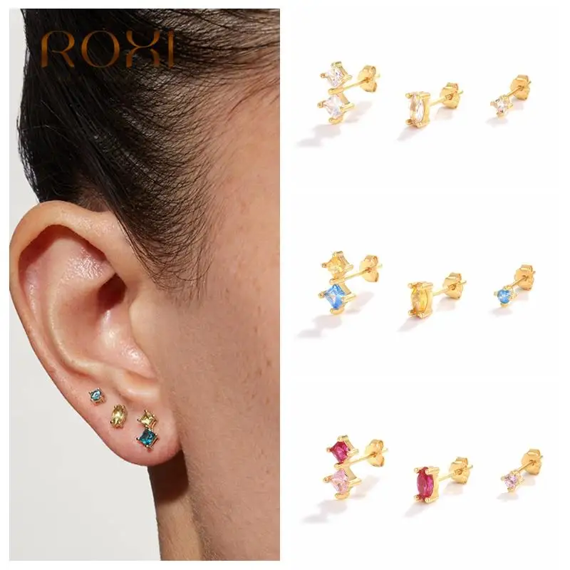 

ROXI 3Pcs Luxury Irregular Crystal Stud Earrings for Women 925 Sterling Silver Colorful Small Earring Jewelry Wedding Pendientes