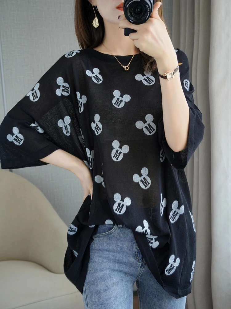 

Pure cotton T-shirt women 2021 summer new round neck sweater half sleeve long casual pullover large size knitted top tees loose