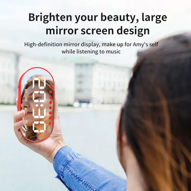 

Bluetooth 4.2 Wireless Clock Speaker Mirror LED Dual Alarm Clock Bass Speaker USB TF AUX FM Radio Built-In Microphone Speaker