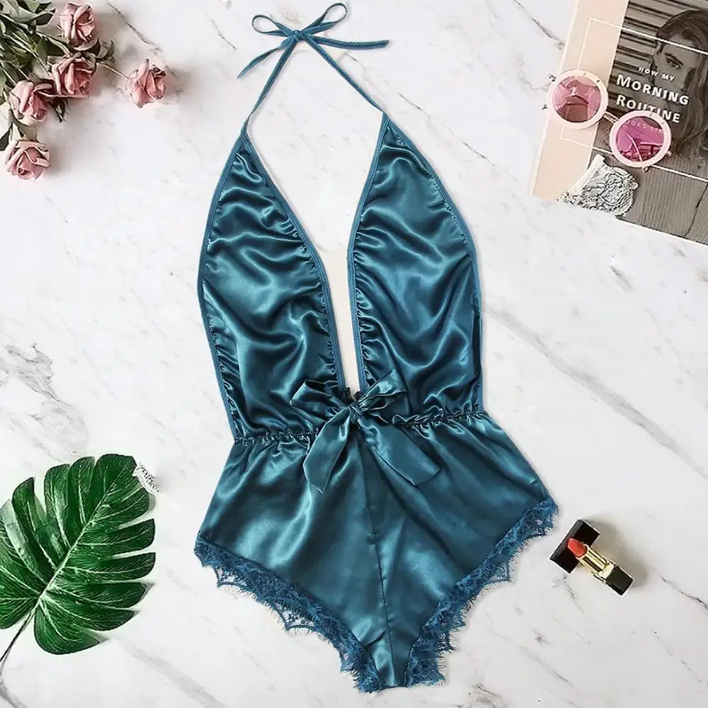 

Women V-Neck Lace Stain Bow Lingerie Bodysuit Sleepwear Pajamas Silk Nightgown Sleeveless Nightdress Ladies Nightwear Summer *P