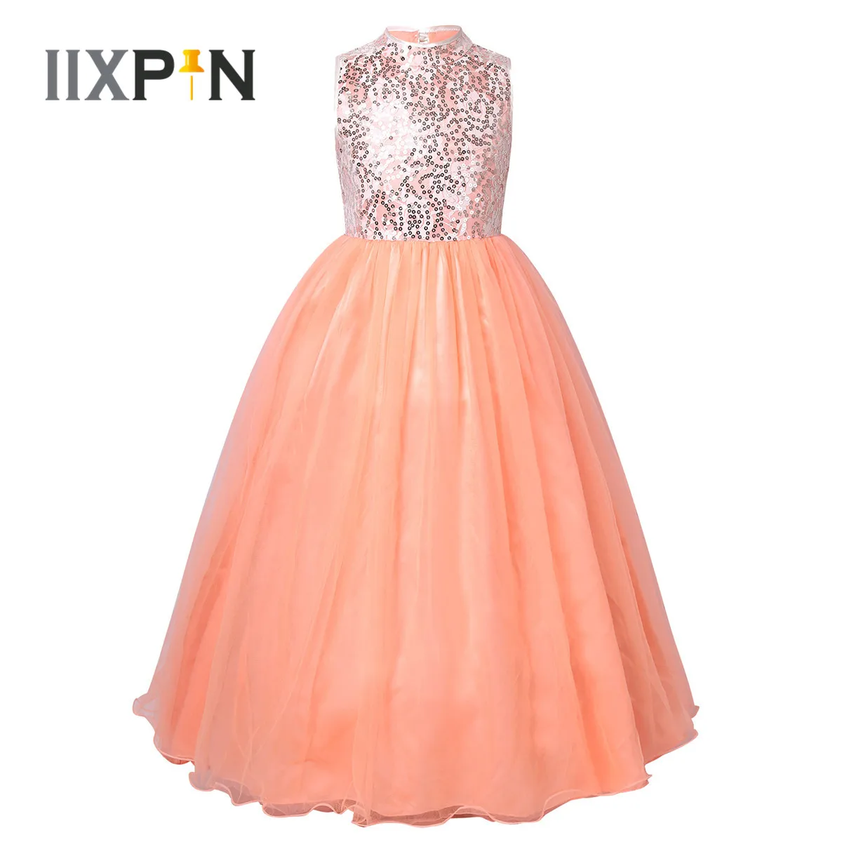 

Kids Girls Full Length Embroidered Lace Sequined Sleeveless Princess Dress Children Ball Gown Birthday Party Communion Dress