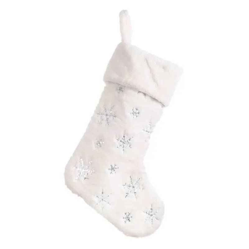 Silver Faux Fur Christmas Stockings Candy Gift Bag Snowflake Socks Hanging Xmas Tree 448A - Цвет: Silver