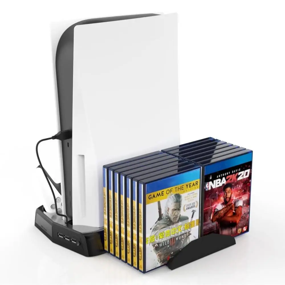 

LED USB Vertical Stand Cooling Fan Dual Controller Charger Dock Charging Station with Game Disc Storage for PS5 DE UHD Console