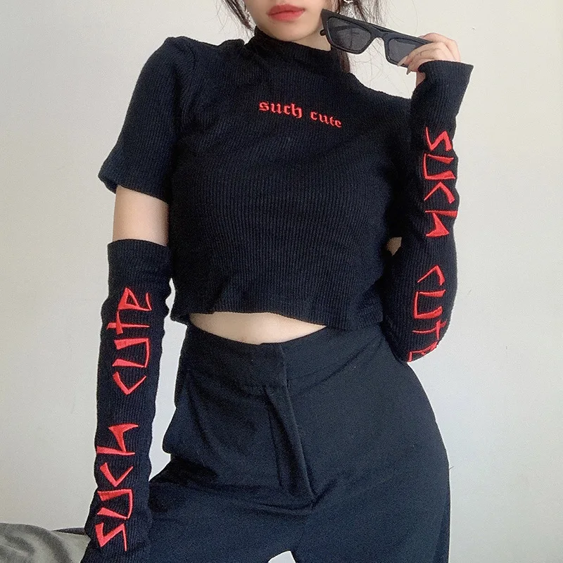 

2021 Retro Letter Embroidery Gothic T-shirts Black Turtleneck Sleeve Separate Women Crop Tee Streetwear Punk Bodycon Knited Tops