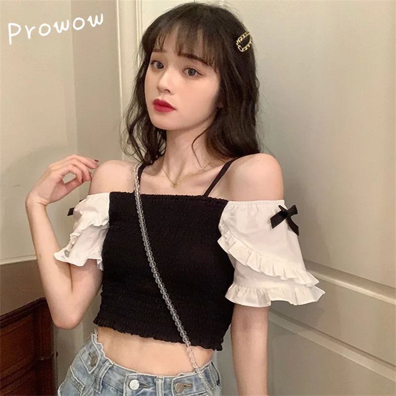 

Prowow Korean Chic Summer 2021 New Women Sweet Sexy Crop Top Sling Blouse Women Fashion Off Shoulder Ruffle Sleeve Kawaii Shirt