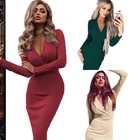 Новинка 2022, женское платье с V-образным вырезом, плиссированное, тонкое, соблазнительное, однотонное платье с длинным рукавом для ночного клуба и вечеринки, длинное женское платье