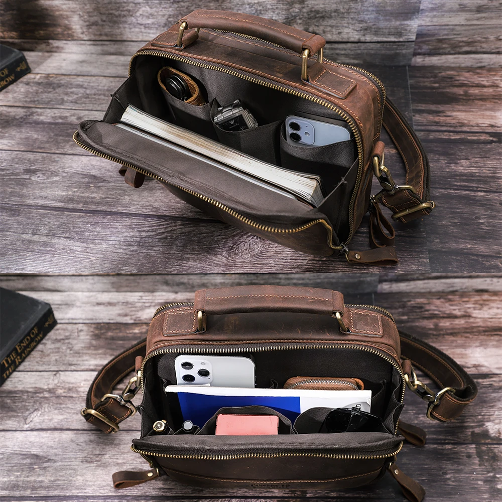 Crazy Horse Leather Fashion Casual Business Briefcase Bag For Men Messenger Bag Male Document Tote Portfolio 7.9 inch Handbag