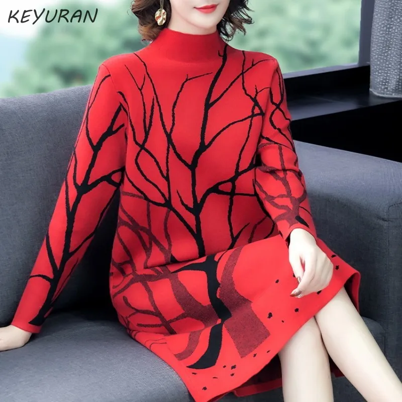 Женское вязаное сексуальное платье с печатным рисунком свитер высоким воротом