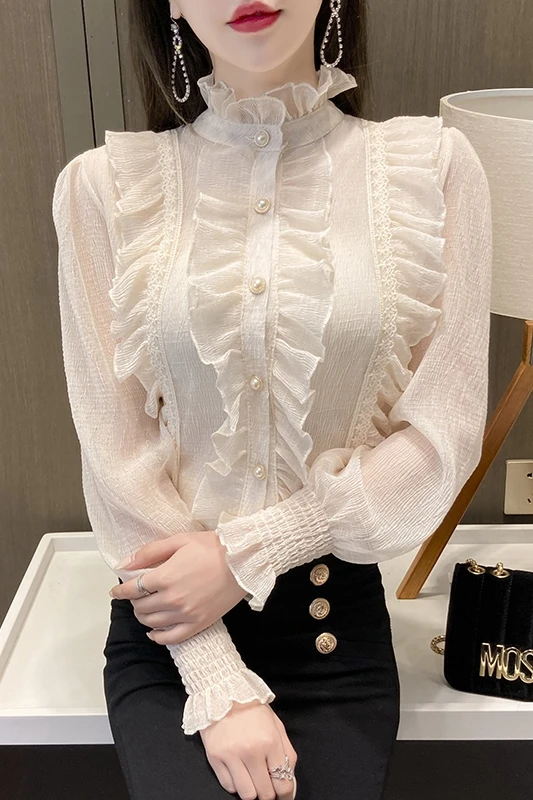

COIGARSAM Office Lady Ruffles Shirt Womens tops Spring Full Sleeve Solid Single Breasted Women shirts Apricot White 6194