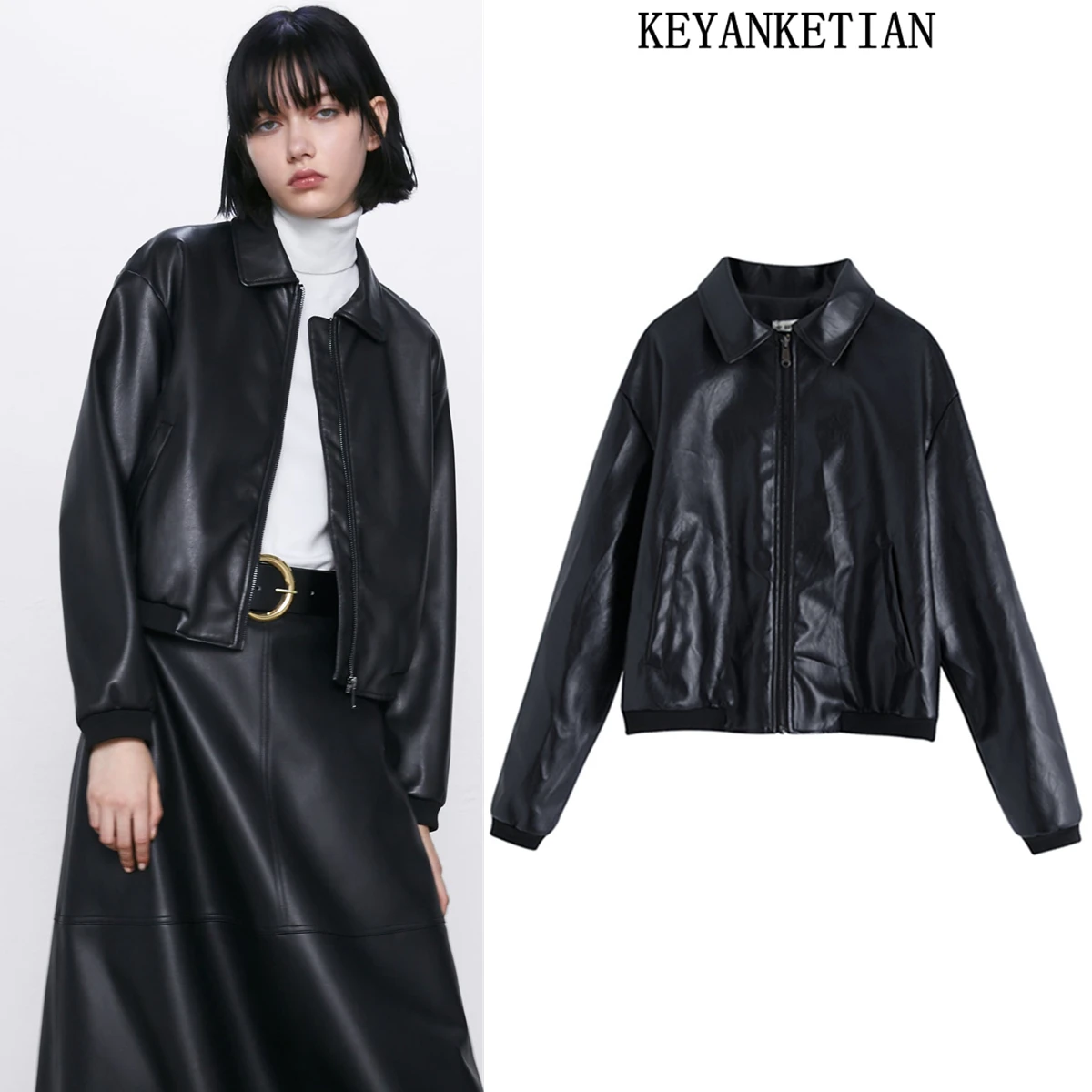 

KEYANKETIAN Za Women's Long Sleeve Harvest Mockup Zip Jacket Lapel Pocket PU Short Faux Leather Jacket Streetwear