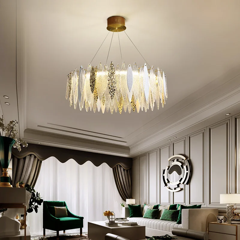 

DX Modern Gold Crystal Round LED Chandelier In The Bedroom Dining Room Leaf Design Rectangle Kitchen Island Fixtures