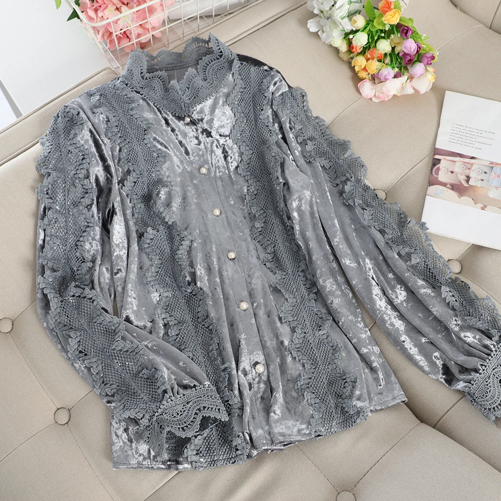 SINGRAIN осенние женские бархатные блузки с длинными рукавами кружевные велюровые