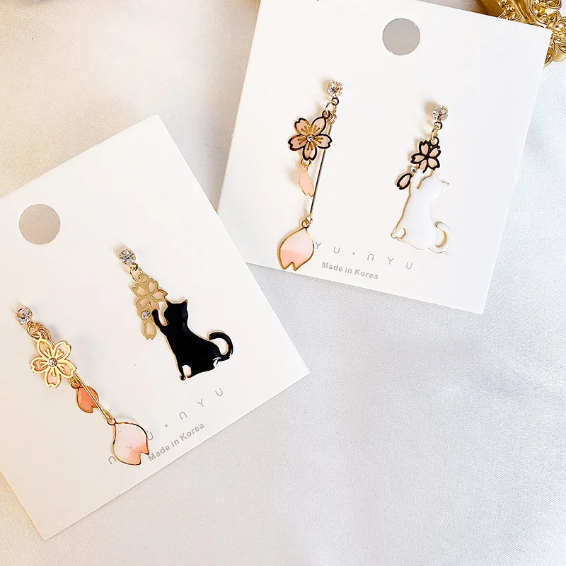 Женские Длинные сверкающие серьги с кулоном Sakura милые ассиметричные в виде кота