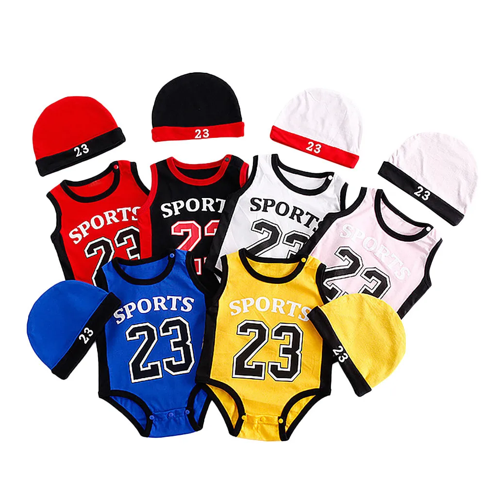 

0-24M unisex toddler kids baby summer clothes Number 23 Letter Printed Exercise Sleeveless Romper Cap Bodysuit Outfits Set Q5