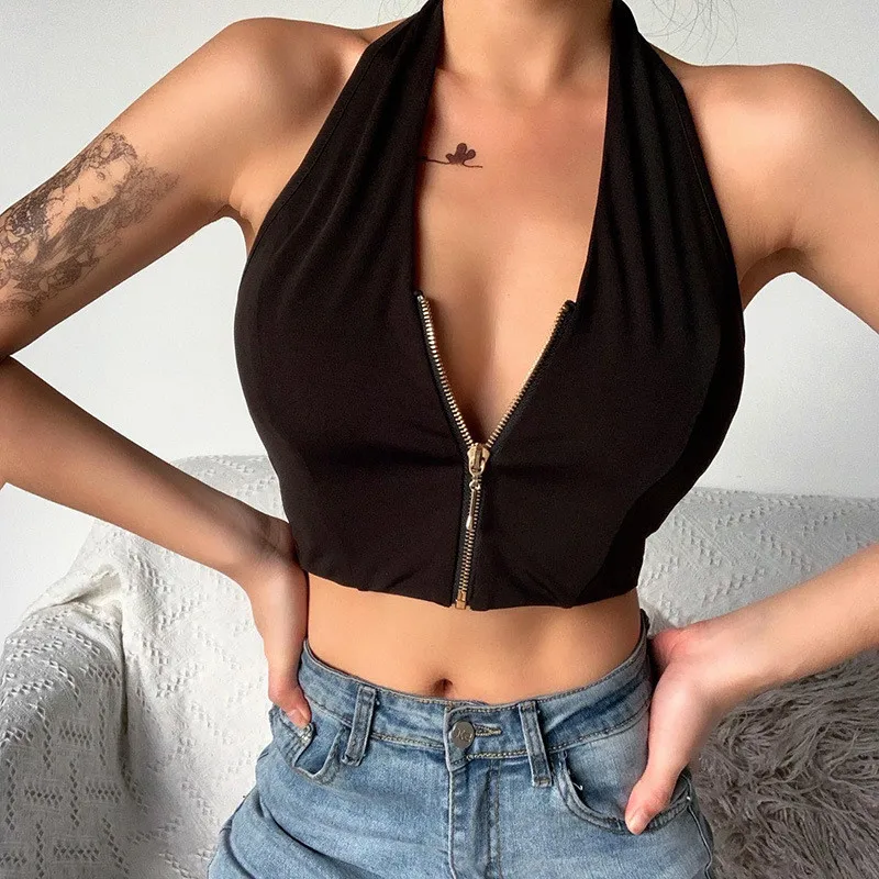 

Sexy Women Solid Strappy Vest Crop Top Summer Sleeveless Backless Zipper Deep V Neck Tanks Beach Women Sports Tank Tops