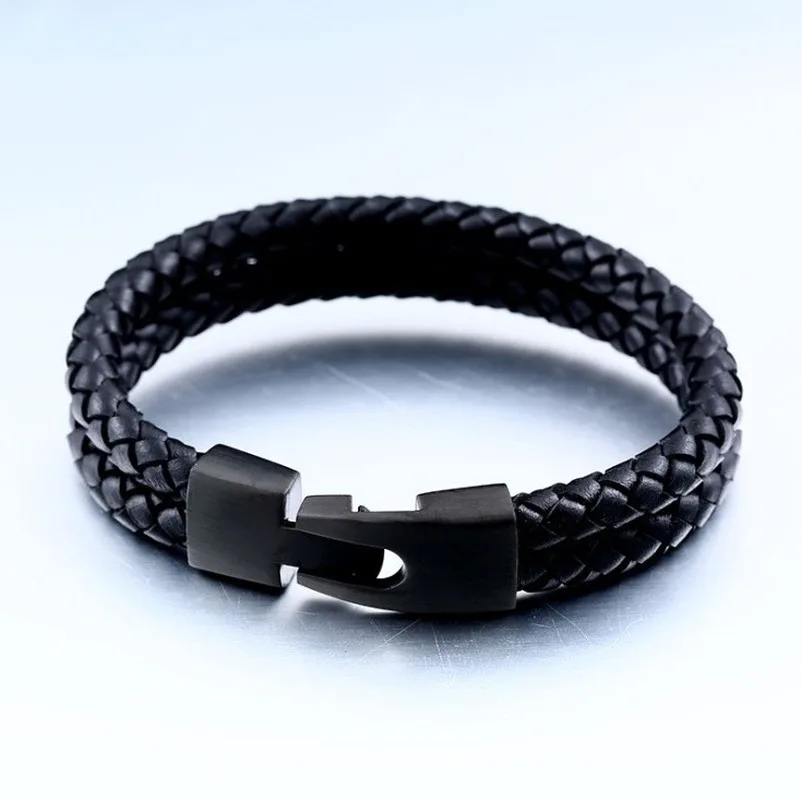 

Men's Fashion Classic Stainless Steel Simple Chao Brand Black Leather Bracelet Jewelry