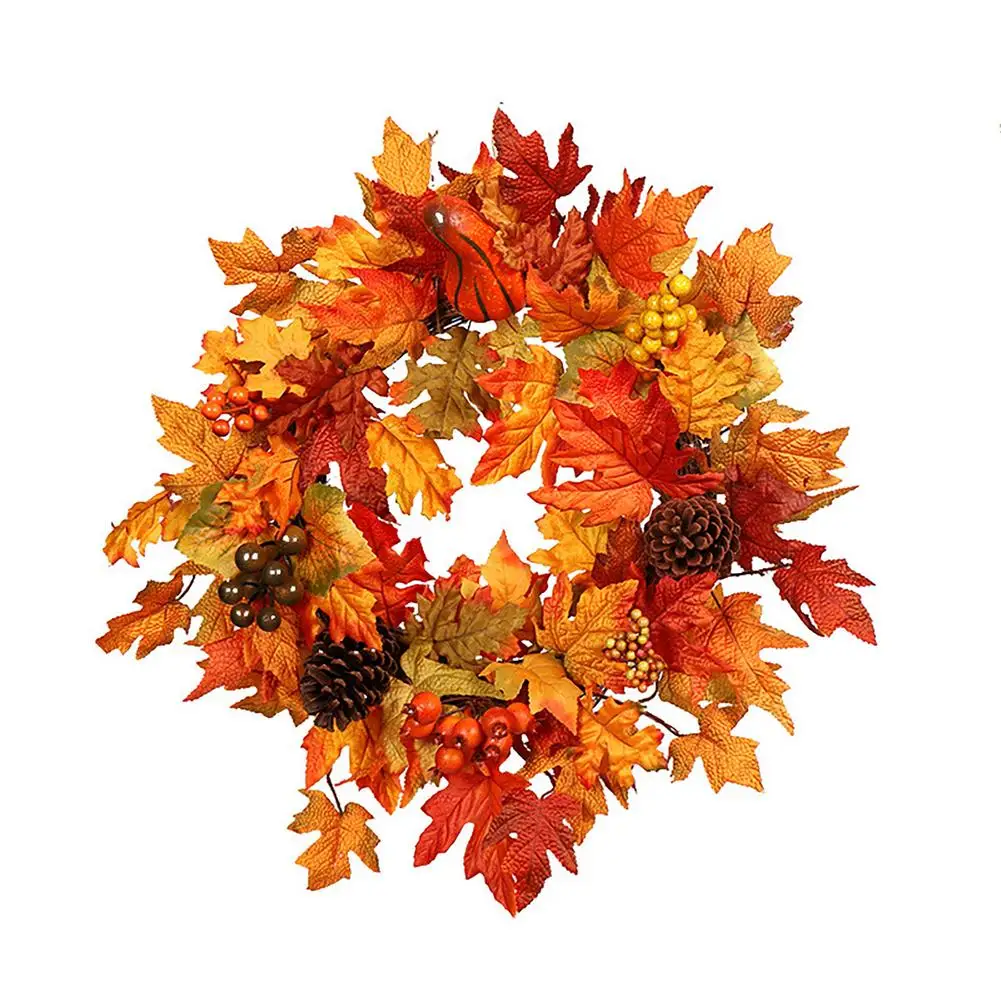 

Венок с кленовыми листьями, искусственные ягоды, тыквы, искусственный цветок для декора стен на День Благодарения, поддельные украшения для...