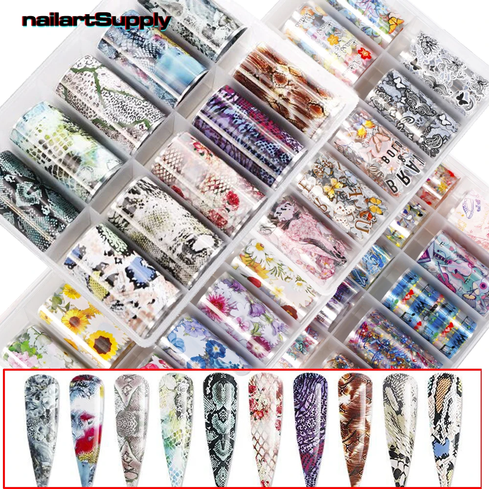 

10 Rolls Styles Mixed Animal Pattern Designs Nail Transfer Foil Snake Skin Nail Foils Wraps Glitter Paper Decor Nail Art Foils #