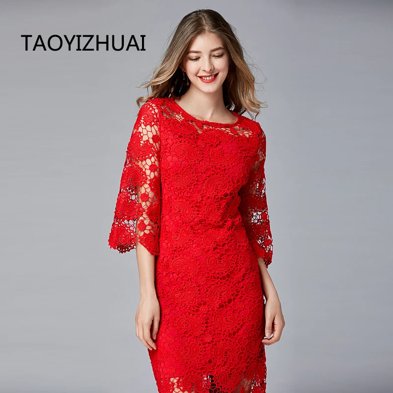 Женское кружевное платье TAOYIZHUAI длинное приталенное красного цвета в уличном