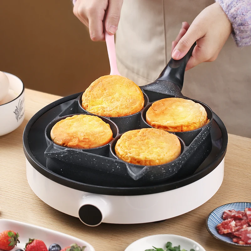 

Four-hole Frying Pot Pan for Eggs Ham Pancake Maker Wooden Handle and Black Handle No Oil-smoke Breakfast Grill Pan Cooking Pot