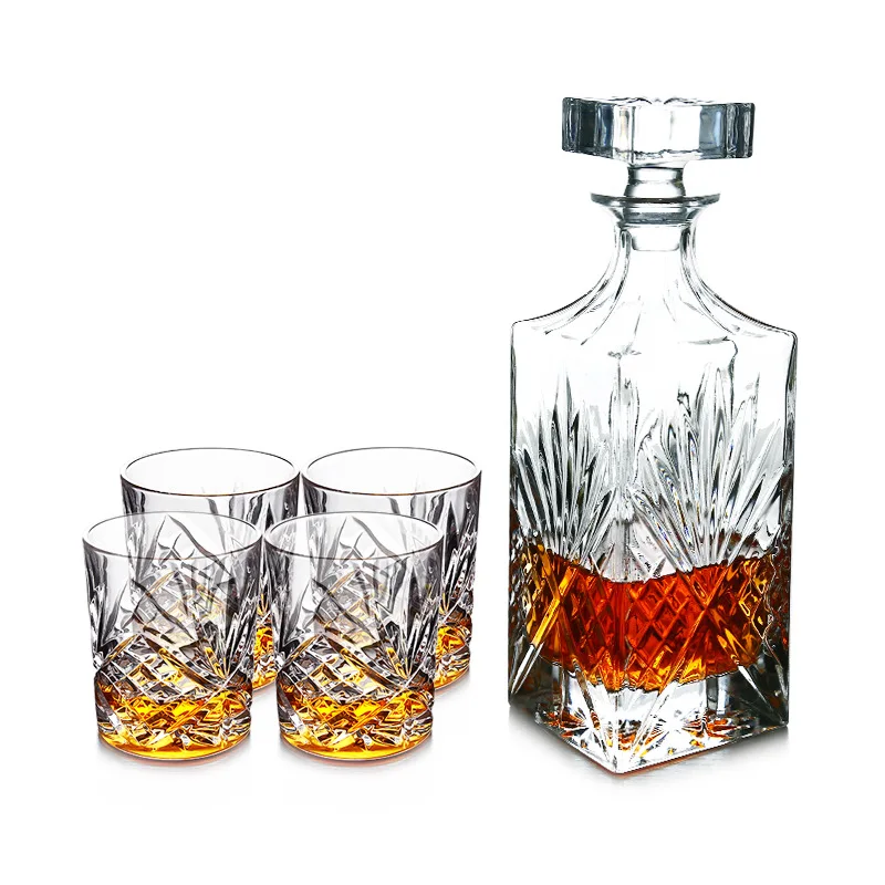 

5 Pcs set novelty engraved design Crystal Glass lead-free home Whiskey Decanter Set with 4 Pcs old fashioned Whiskey Glass