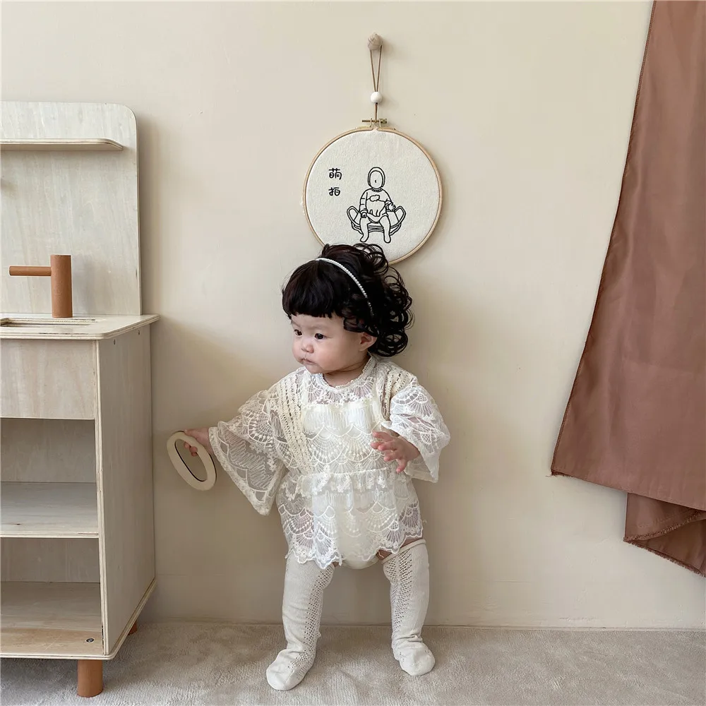 

2021 Summer New Toddler Baby Girl Soft Solid Cotton Sleeveless Sling Bodysuit Infant Fairy Fashion Lace Mesh Smock Bodysuits