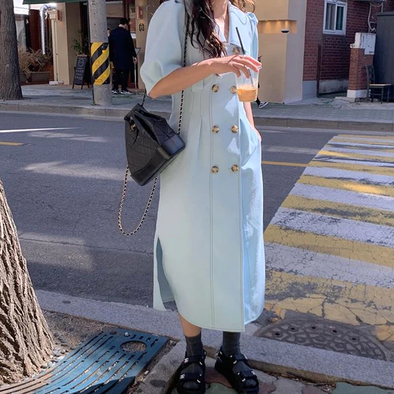 

Summer Retro Temperament Vestidos Female Lapel Double-breasted Open-line Pleated Waist Puff Sleeve Split Midi Dress KK217