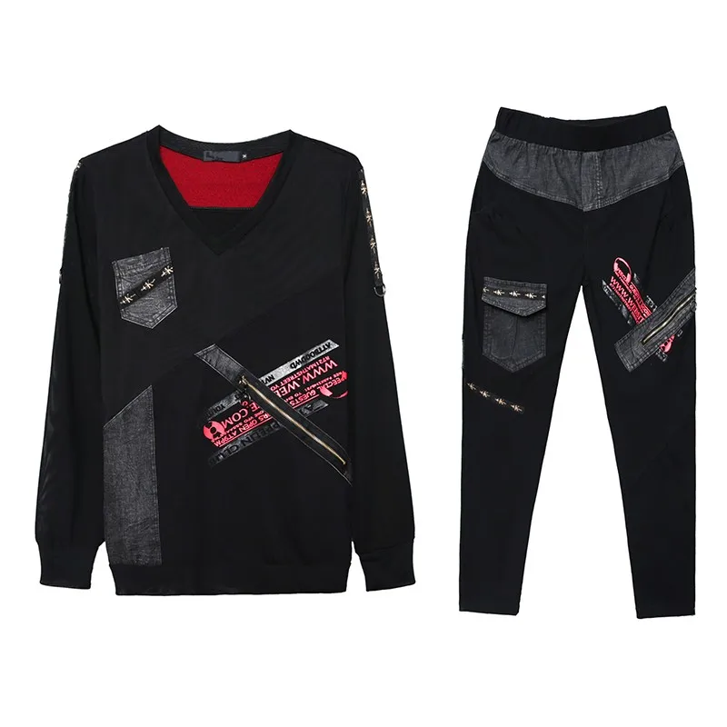 

Women Plus Size Casual Denim Two Piece Set Fashion Patchwork V-Neck Long Sleeve Tops Elastic Harem Pants 2021 Female Loungewear