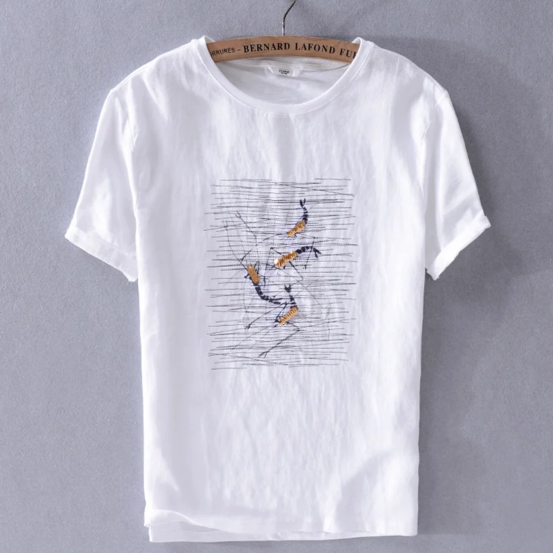 

Men Summer Fashion High Quality Healthy Breathable Cotton Linen Short Sleeve T-Shirt Male Japan Style Sequins Embroidery Tee Top