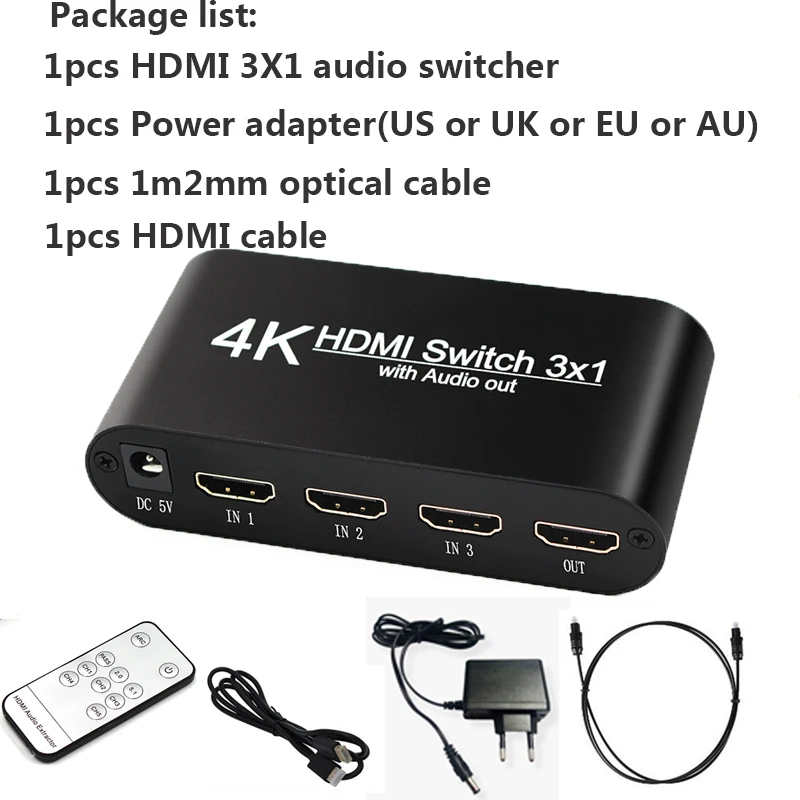 2PC HDMI cable SPDIF /TOSLINK Optical Audio Switcher 3x1 Switch Splitter Extender with IR Remote Control | Электроника