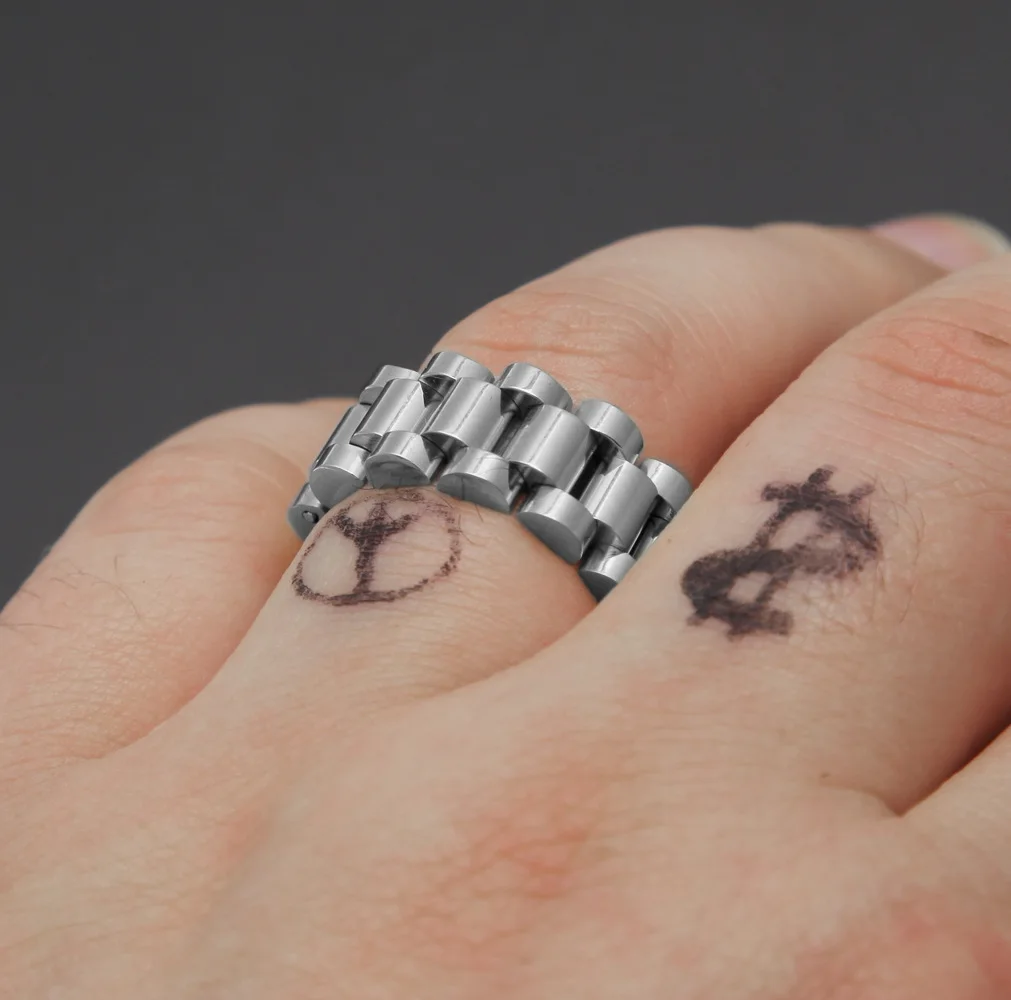 

Hip Hop Top Quality Size 8-12 Band Ring Men's Ms Stainless Steel Gold Color Watchband Link Style Ring