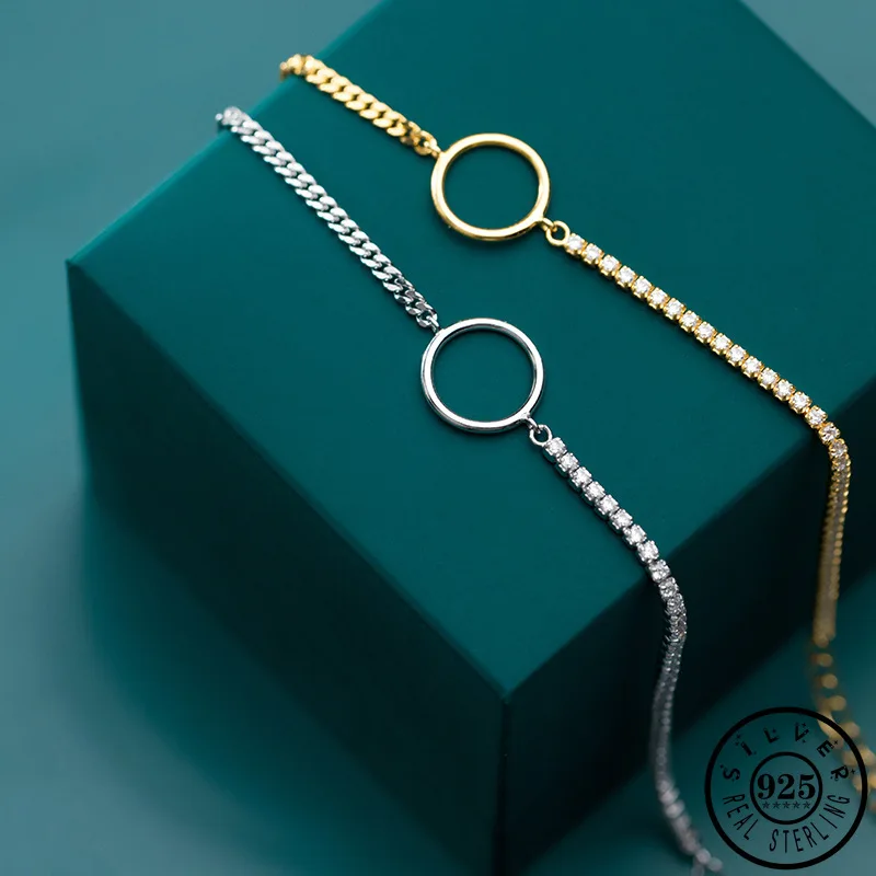 Trendy 925 Sterling Silver Geometric Round Shape Gold Color Plated Chain Statement Hand Zircon Bracelets Jewelry Gifts for Women | Украшения