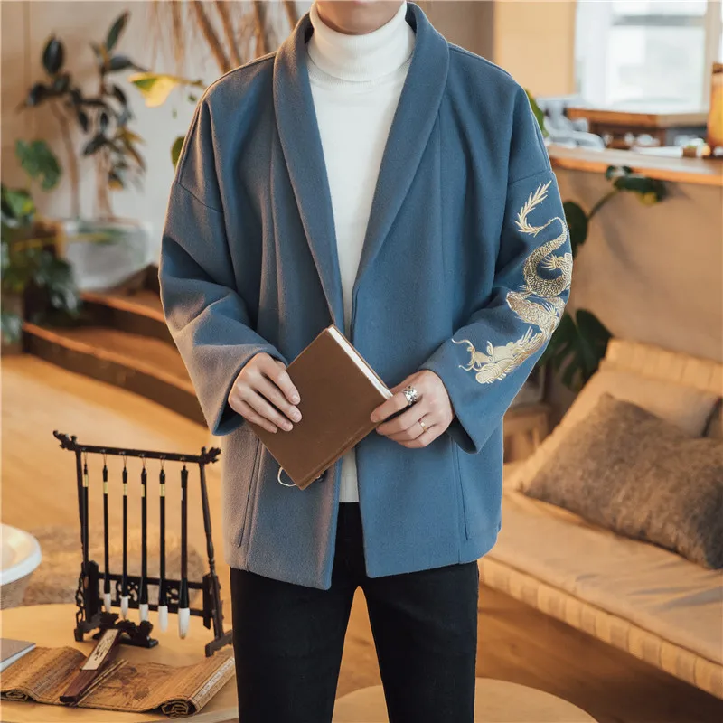 Мужская одежда 2020 японский Золотой Дракон Вышивка Тренч мужской отворот халат