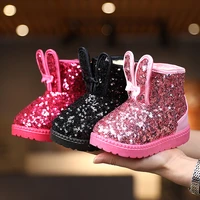 childrens snow boots winter thicken warm girls boots plus velvet soft sequin leather rabbit ear baby toddler kids snow shoes