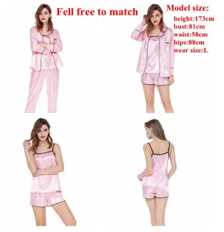 Женский пижамный комплект из 7 предметов розовый в полоску искусственного шелка