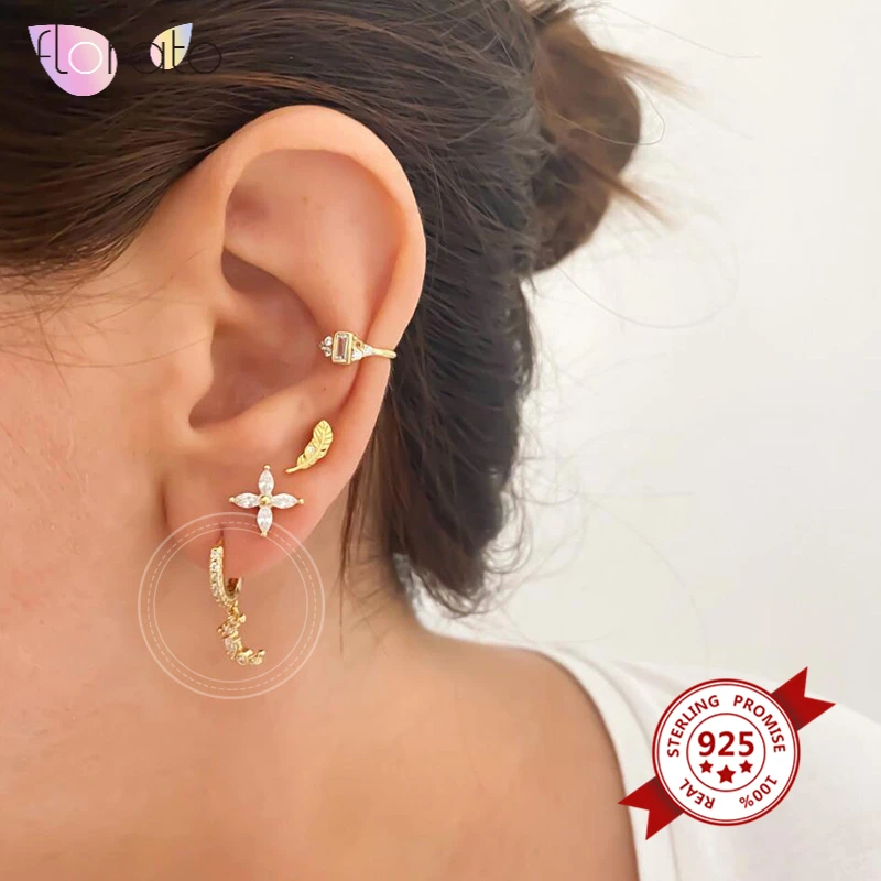 

925 Sterling Silver Ear Buckle Earrings for Women White CZ Moon Pendant Hoop Earrings Gold Silver color Earrings Fashion Jewelry