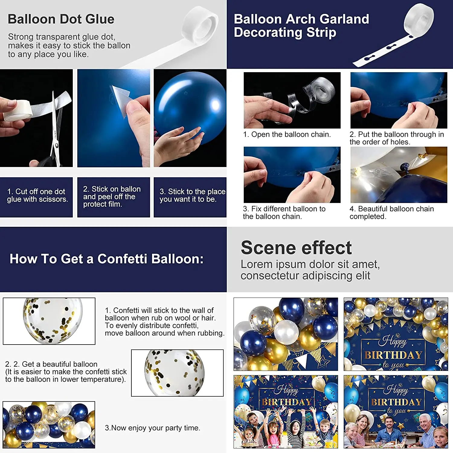 Kit de guirnalda de globos de confeti de cumplea&ntilde;os azul marino, cartel de fondo de fotograf&iacute;a de cumplea&ntilde;os dorado, decoraciones de fiesta de cumplea&ntilde;os para ni&ntilde;os y ni&ntilde;as-2