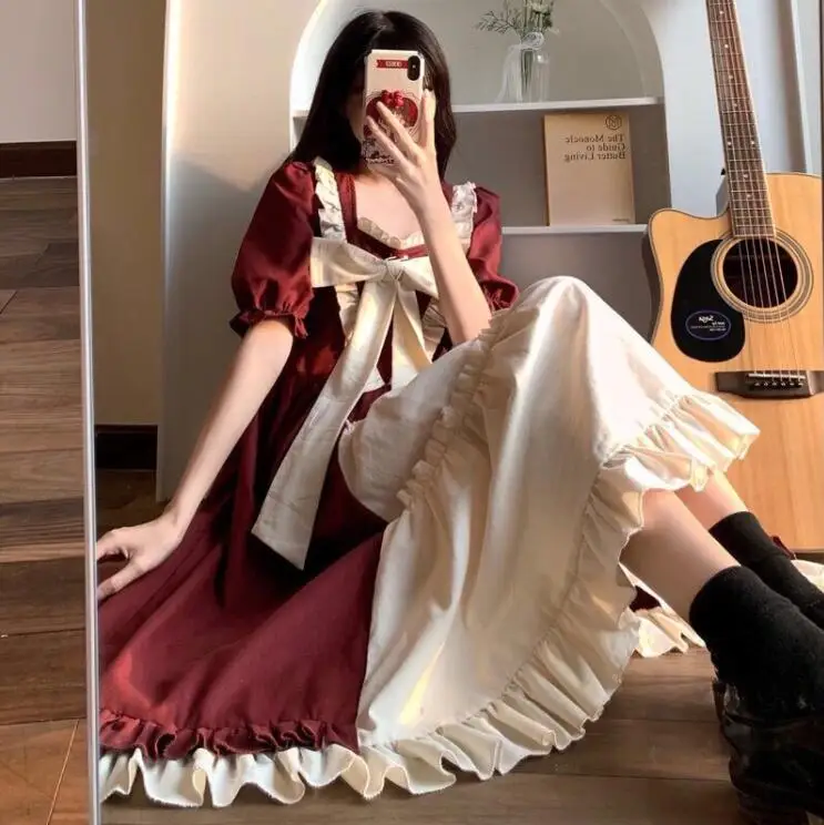 

2021 new autumn sweet college style large size reduced age and thin French square collar mid-length dress women dress traf فستان