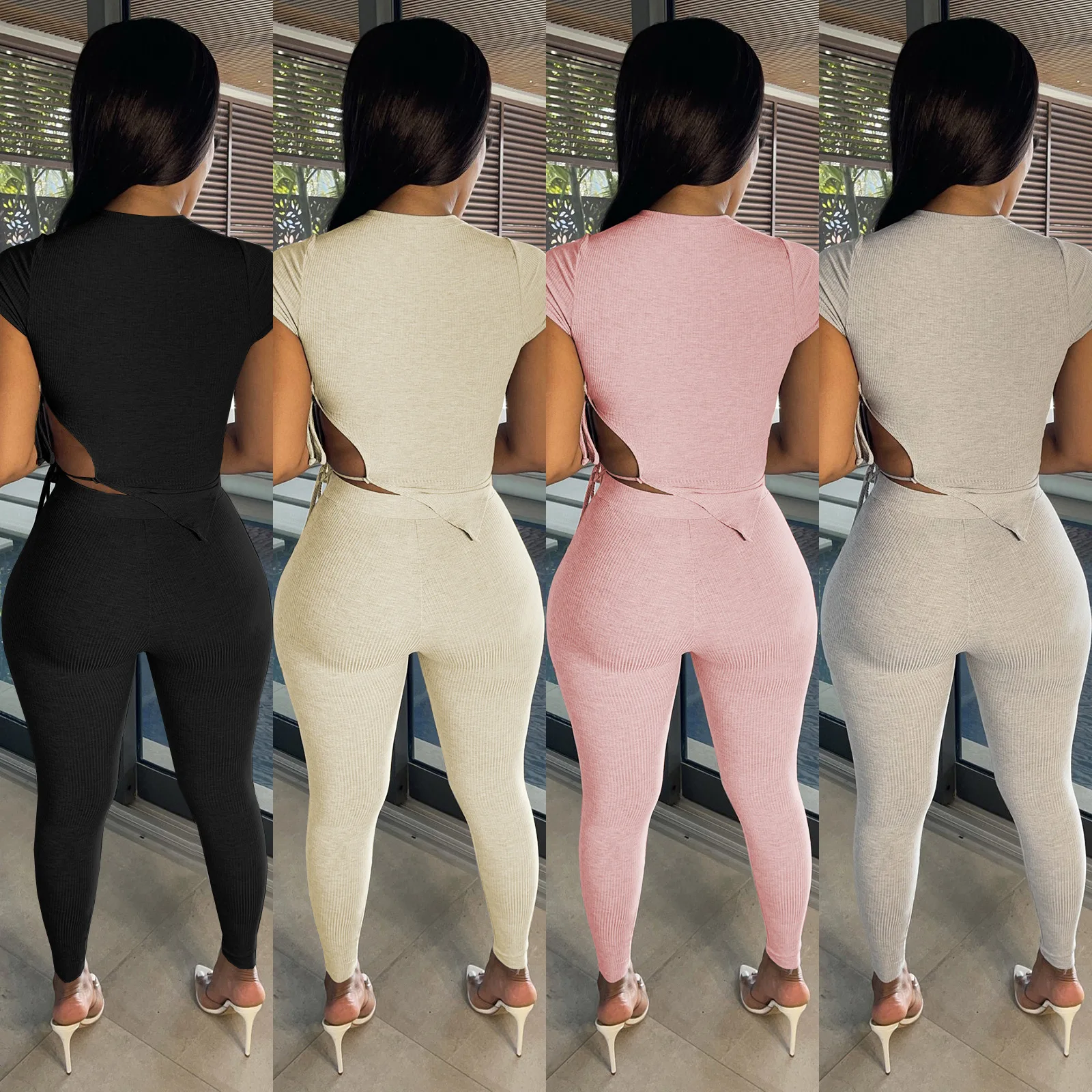 Женский трикотажный комплект из двух предметов однотонный укороченный топ с