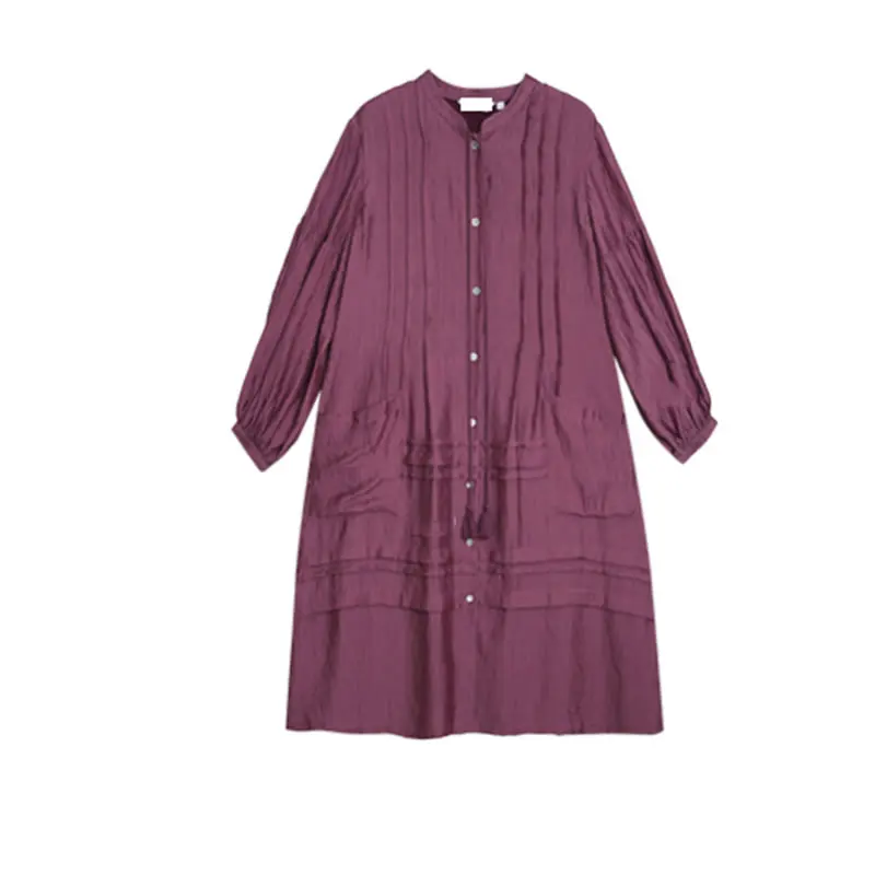 

XITAO Plus Size Patchwork Pocket Pleated Dress Women Clothes 2021 Spring New Loose Stand Collar Long Sleeve Dresses ZLL5418