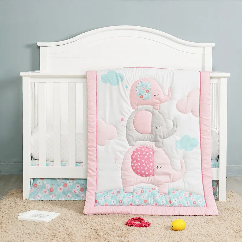 

3PCS Pink Animals Baby Cot Crib Bedding Set Crib Bedclothes Bed Linen Cot Set Baby Product Gift, Fiteed Sheet +Dust Ruffle+Duvet