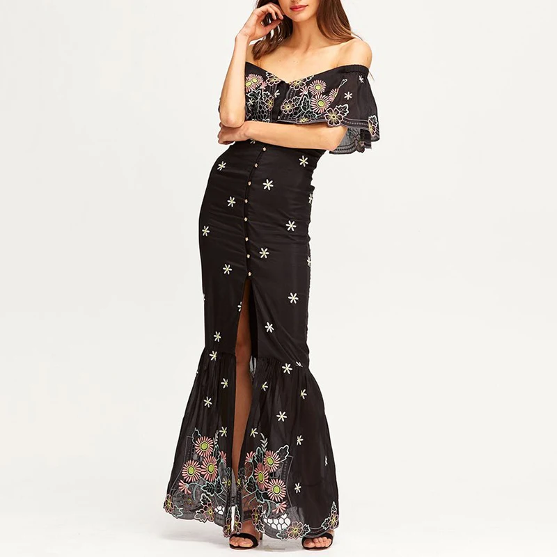 

VGH Embroidery Patchwork Women Dress Slash Neck Off Shoulder Half Sleeve High Waist Slim Split Maxi Dresses Female 2020
